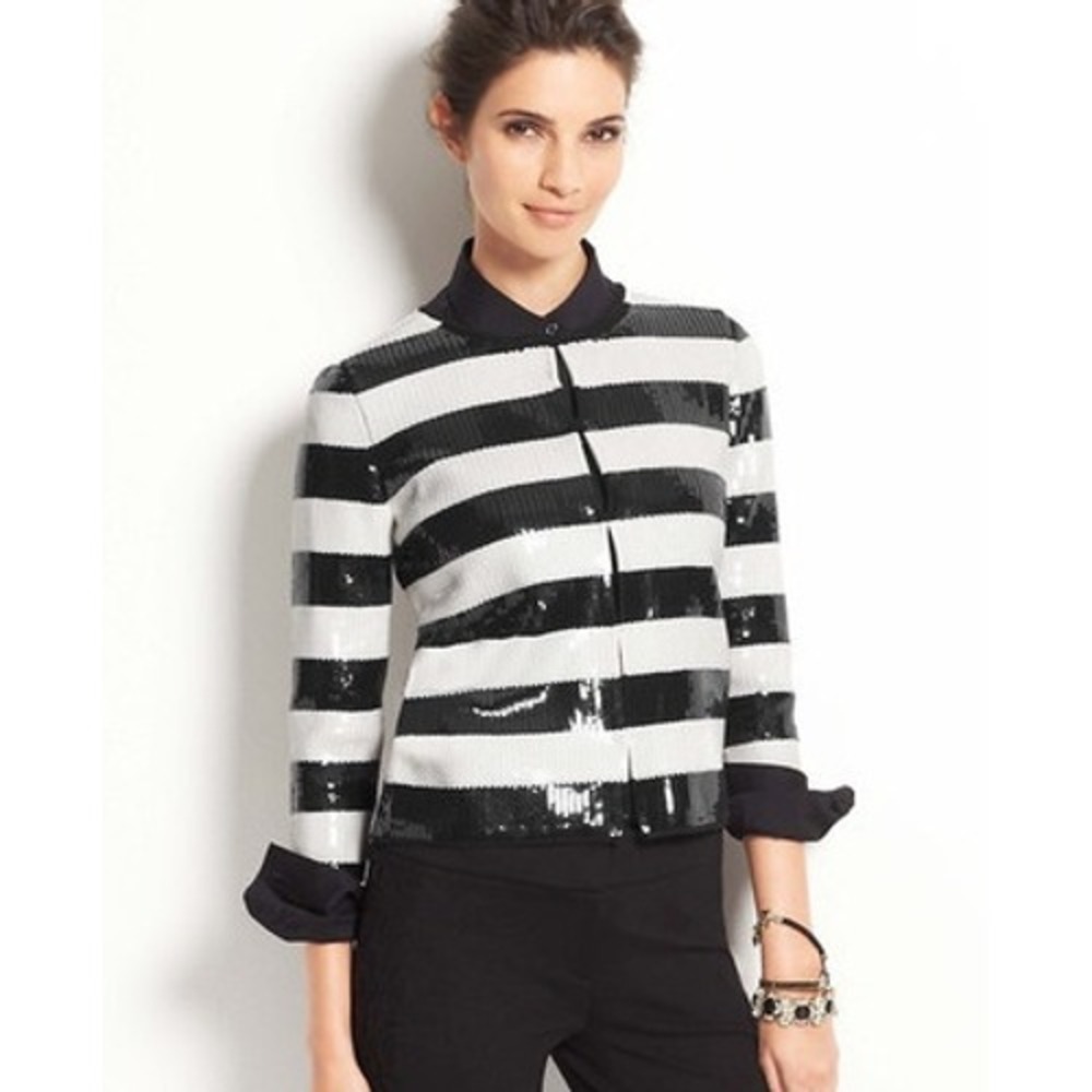 Ann Taylor Striped Sequin Cardigan Jacket Black White XS